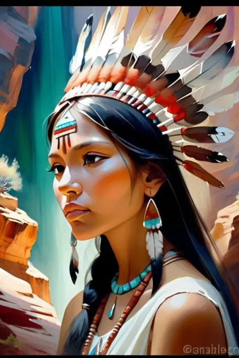 american indian women portrait a background bottom of the grand canyon sparkling, elegant and unique, gently swaying, mysterious and charming, realistic and abstract art, details, very realistic, beautiful and vital, dreamlike and surreal, delicate brush strokes and rich colors, beauty and mystery, unimaginable beauty,Ornate And Intricate, transparent, translucent, Agate material, jade material, BY Anne Bachelier