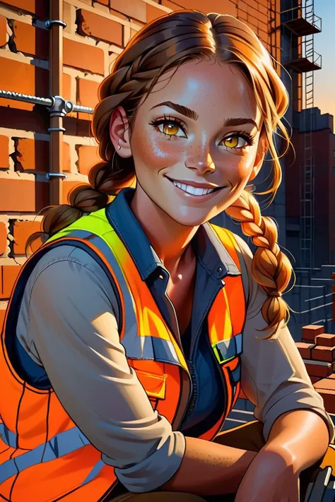 beautiful, linework, thick outlines, strong shadows (sfw:1.1), portrait, 1 adult woman, freckles, yellow eyes, long brown dutch braid, smiling, sitting on ledge, construction worker, dark orange vest, brick and mortar wall, construction site, scaffolding, vibrant colors, dusk, atmospheric lighting,