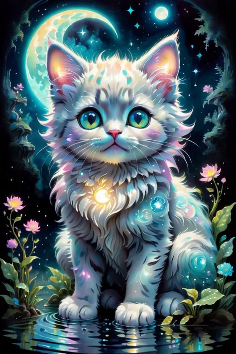 Ultra detailed illustration of a cute fluffy kitten sitting in a clearing flooded with moonlight, starry sky, moon lost in a magical world of wonders, glowy, bioluminescent flora, incredibly detailed, pastel colors, handpainted strokes, visible strokes, oil paint, art by Mschiffer, night, bioluminescence, style-nebula, watercolor sketch in artistic style, large strokes, finalized with ink, fine lines