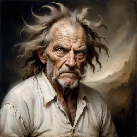 Strong old man, wearing white shirt, tousled brown hair, crazy look, portrait art by Odd Nerdrum