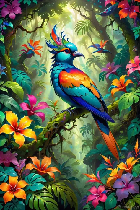 A vibrant, exotic bird perched on a branch in a lush, tropical rainforest, surrounded by vividly colored flowers and foliage. The style is digital art by Elara Mivon, characterized by rich, saturated colors and a slightly surreal, dreamlike quality, enhancing the natural beauty and mystery of the scene. The bird's feathers are a kaleidoscope of colors, shimmering in the dappled sunlight filtering through the canopy above, creating an image that is both captivating and mesmerizing, style-nebula