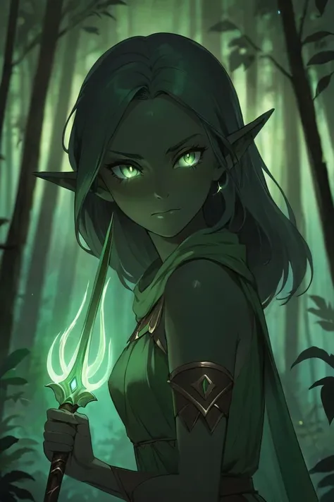 super closeup portrait. Silhouettes of dark ghostly woman. Perfect hands, capture the essence of nature's mystical beings, armed with elf spear. She stands ready to fight intruders. Glowing eyes. Glowing spear. Forest color palette.