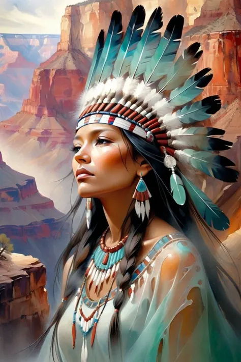 american indian women portrait a background bottom of the grand canyon sparkling, elegant and unique, gently swaying, mysterious and charming, realistic and abstract art, details, very realistic, beautiful and vital, dreamlike and surreal, delicate brush strokes and rich colors, beauty and mystery, unimaginable beauty,Ornate And Intricate, transparent, translucent, Agate material, jade material, BY Anne Bachelier