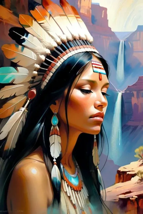 american indian women portrait a background bottom of the grand canyon sparkling, elegant and unique, gently swaying, mysterious and charming, realistic and abstract art, details, very realistic, beautiful and vital, dreamlike and surreal, delicate brush strokes and rich colors, beauty and mystery, unimaginable beauty,Ornate And Intricate, transparent, translucent, Agate material, jade material, BY Anne Bachelier