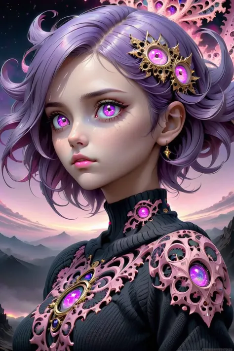 3dmm style,(masterpiece, top quality, best quality, official art, beautiful and aesthetic:1.2), (fractal art:1.3), 1girl, beautiful, high detailed, purple hair with a hint of pink, pink eyes, dark lighting, serious face, looking the sky, sky, medium shot, black sweater, jewelry