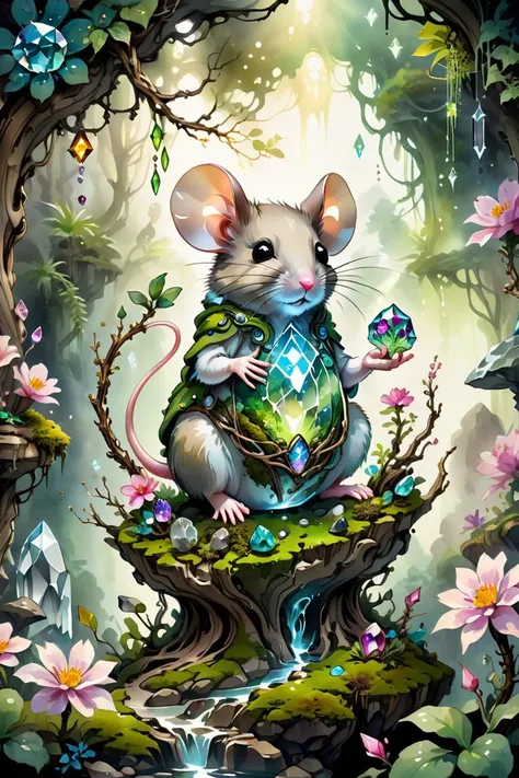 mouse, biome made of moss, twigs, flowers, gems, crystals, light, wind, energy, hope, ultra high definition, glossy, a fae caught on camera in his biome, watercolor sketch in artistic style, large strokes, finalized with ink, fine lines