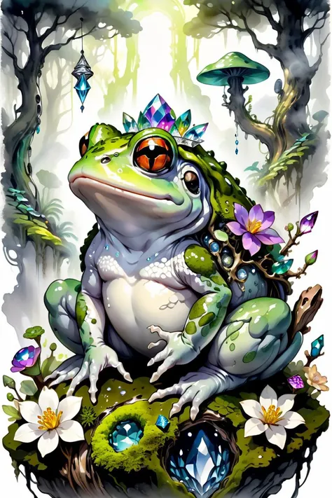 African Tree Toad, biome made of moss, twigs, flowers, gems, crystals, light, wind, energy, hope, ultra high definition, glossy, a fae caught on camera in his biome, watercolor sketch in artistic style, large strokes, finalized with ink, fine lines, sketch artstyle, graycale, monochrome,