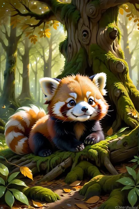 Charming red panda cub, (nestled) in a bed of (soft) moss under an ancient (oak tree:1.2), (fluffy) feathers, (inquiring) look, playing with (falling) leaves, in a (sun-dappled) forest clearing, serene afternoon, (warm) golden tones, (relaxing) scene, (cuddly) appearance, evoking (contentment), (whimsy), with detailed naturalistic textures