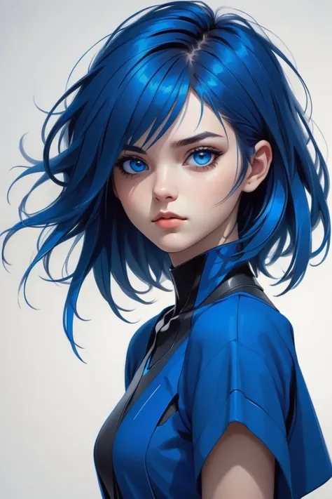 score_10,score_9, score_8_up, score_7_up, score_6_up, score_5_up, 1girl, asymmetrical haircut with dynamic strands, minimalist background, vibrant cobalt blue accents, expressive eyes, poised stance, detailed shading for depth, crisp and bold lineart.