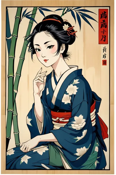 a woman in a kimono sitting next to a bamboo tree