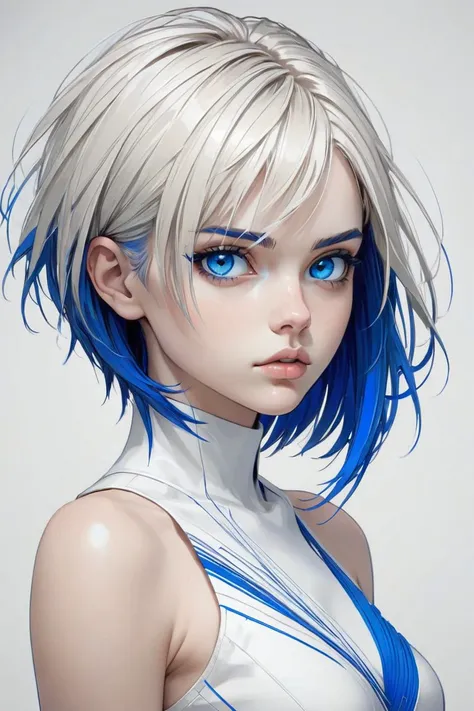 1girl, asymmetrical haircut with dynamic strands, minimalist background, vibrant cobalt blue accents, expressive eyes, poised stance, detailed shading for depth, crisp and bold lineart.