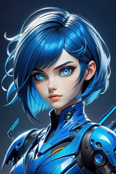 score_10,score_9, score_8_up, score_7_up, score_6_up, score_5_up, 1girl, asymmetrical haircut with dynamic strands, minimalist background, vibrant cobalt blue accents, expressive eyes, poised stance, detailed shading for depth, crisp and bold lineart.