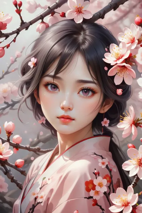 1girl,plum blossom,surrounded by flowers,aesthetics, beautiful face,