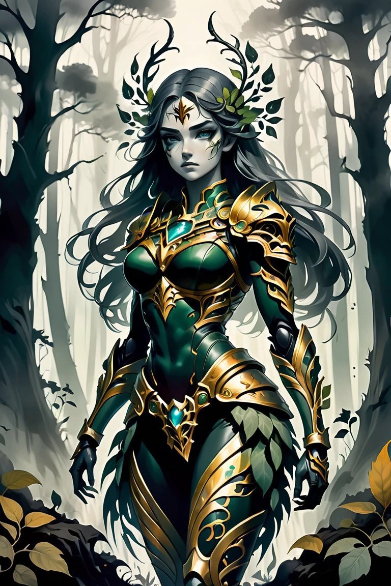 score_10,score_9, score_8_up, score_7_up, score_6_up, score_5_up, Ink illustration, 1girl, medium shot, mythological goddess wearing armor made of intertwining vines and leaves, toned and muscular body, standing proudly, regal yet seductive pose, classical Greek style, eerily dark forest clearing, ominous, silhouette, black and gray, reflection, fog, eerie light, center shot, limited palette, tense, disturbing, unsettling, one isolated gold stain, ink splatters, ink spots, sharp focus, vibrant, rich colors, linquivera, ais-sinisterz.