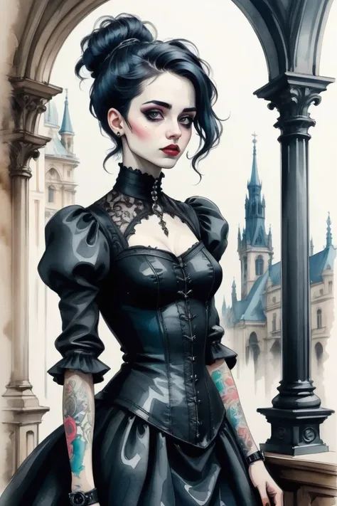 A place located in the year 1900 with influence of Baroque and Neo-Gothic architecture woman 25yo and Tom, gothpunk style, watercolor sketch in artistic style, large strokes, finalized with ink, fine lines