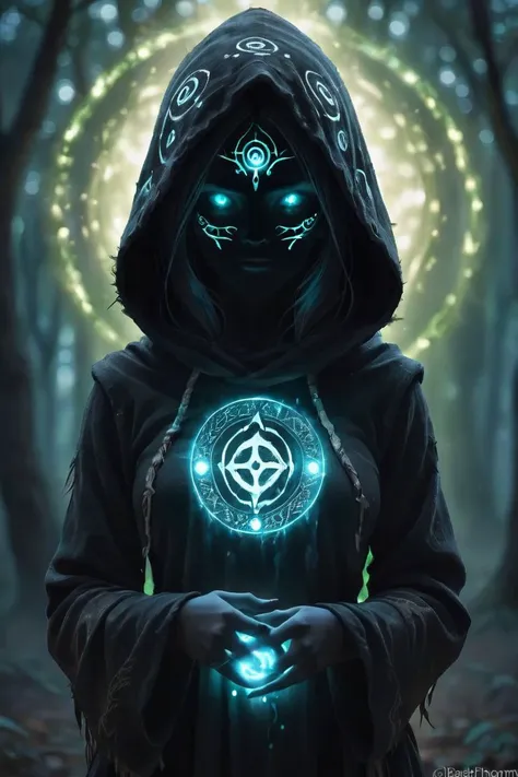 a person in a hoodedie holding a glowing orb in a forest