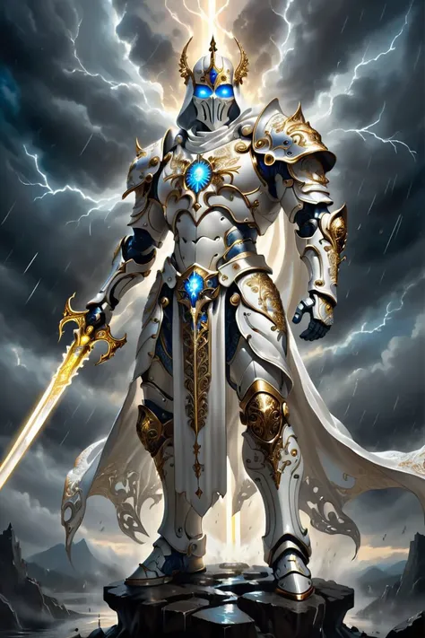 A stunning, highly detailed dark fantasy full body illustration of a proud angelical warrior wearing intricate medieval white armor and an epic white ornamented mask, holding a great golden glowing sword, golden and blue glooming eyes, very wide shoulders, wearing big gauntlets, epic composition. The warrior stands heroic with a flowing cloak and white hood during a storm with foggy gloom, thunderclouds in the background . The scene depicts him with brooding emotional agony , style by Greg Rutkowski, by Milo Manara and Russ Mills, with insanely intricate details and textures, gloomy dramatic lighting, 8K resolution