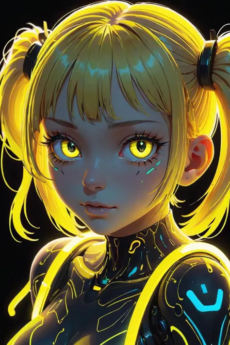 score_10,score_9, score_8_up, score_7_up, score_6_up, score_5_up, masterpiece, best quality, illustration, volumetric lighting, symmetry BREAK eyelashes, girl, vivid colors, silicone skin, 1girl, yellow hair, twintails, glowing eyes, glowing hair, neon light, joints, neon, lineart, black background