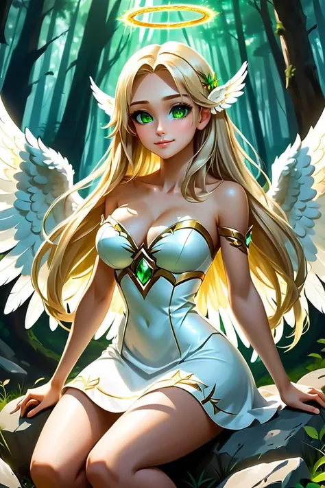 score_10,score_9, score_8_up, score_7_up, score_6_up, score_5_up, score_9, score_8_up, score_7_up, 1girl angel with 2 large angel wings and a halo, perfect curves, wearing a white dress, strapless, suggestive pose, romantic, solo, detailed eyes, looking at viewer, sitting on a rock, forest, nature, forest meadow, beautiful, looking at viewer, embarrassed, medium breasts, fantasy, from front, looking at viewer playfully, naughty, smirk, romantic, (blonde hair, mid parted hair, straight hair, long hair:1.2), pronounced blush, beautiful green eyes,