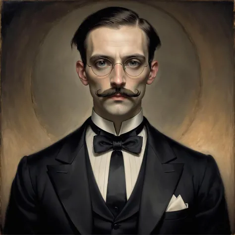 young handsome count dressed in a tuxedo, mustache, pince-nez, portrait art by Odd Nerdrum