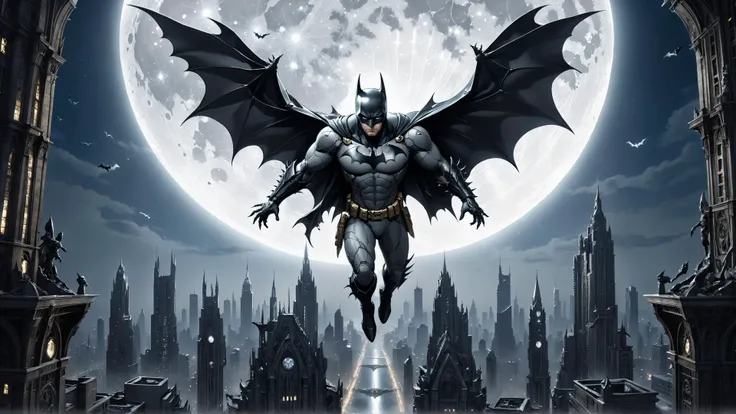 dystopian style (Cinematic) Batman, arms outstretched with cape forming bat wings, clear detailed eyes, head framed by a bright full moon, jumping off the top of a gothic skyscraper, dynamic pose, gargoyles, intricate stonework, nighttime, Gotham city background. Great lighting , clear <lora:great_lighting:0.8> <lora:detailed_notrigger:0.4> <lora:clear:0.6> . bleak, post-apocalyptic, somber, dramatic, highly detailed