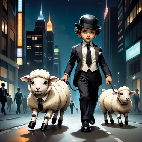 one young gentleman in a strict evening suit, white shirt, tie, patent black boots, bowler hat, walking one cute, little white curly sheep as a pet, at night on a deserted street of a modern metropolis with skyscrapers. There is no one else on the street except the two of them, (by Brian Kesinger:1.333), digital painting, 4k, uhd, masterpiece