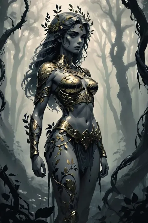 Ink illustration, 1girl, medium shot, mythological goddess wearing armor made of intertwining vines and leaves, toned and muscular body, standing proudly, regal yet seductive pose, classical Greek style, eerily dark forest clearing, ominous, silhouette, black and gray, reflection, fog, eerie light, center shot, limited palette, tense, disturbing, unsettling, one isolated gold stain, ink splatters, ink spots, sharp focus, vibrant, rich colors, linquivera,