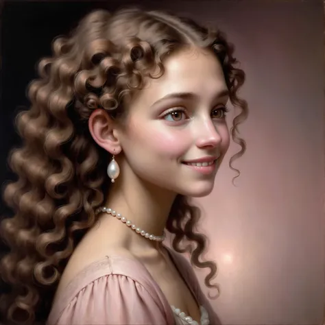 (Side view:1.33), A young beautiful girl with a small pearl earring in her ear, a charming smile, a pink light blush, a shy look, brown long curly hair, portrait art by Odd Nerdrum