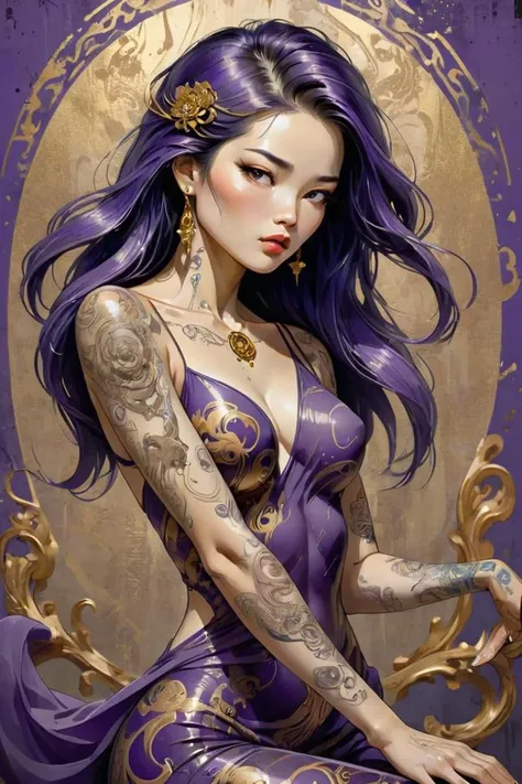 woman ,an illustration of a woman with tattoos on a grunge background, in the style of bo chen, bold graphic comic book art, purple and gold, raymond leech, 32k uhd, ai weiwei, bold posters sparkling, elegant and unique, gently swaying, mysterious and charming, realistic and abstract art, details, very realistic, beautiful and vital, dreamlike and surreal, delicate brush strokes and rich colors, beauty and mystery, unimaginable beauty,Ornate And Intricate, transparent, translucent, Agate material, jade material, BY Anne Bachelier