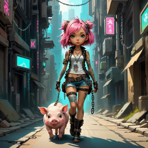 one cute punk girl walks with one pig on a chain along a deserted street of a cyber city. There is no one else on the street except the two of them., (by Brian Kesinger:1.333), digital painting, 4k, uhd, masterpiece