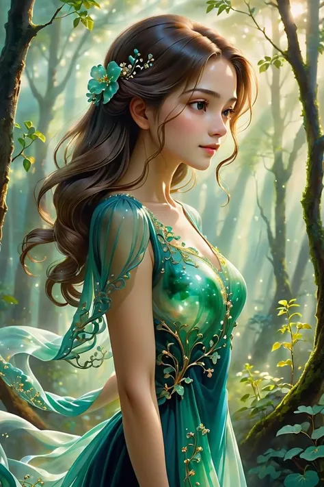 score_9, score_8_up, score_7_up, score_6_up, score_5_up, close-up of a side silhouette beautiful woman standing in the middle of the woods, sparkling, elegant and unique, gently swaying, mysterious and charming, realistic and abstract art, details, very realistic, beautiful and vital, dreamlike and surreal, delicate brush strokes and rich colors, beauty and mystery, unimaginable beauty,Ornate And Intricate, transparent, translucent, Agate material, jade material, BY Anne Bachelier