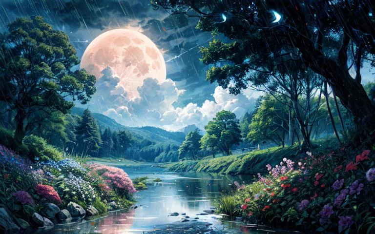 panorama, panoramic shot, scenery, (glowing:1.2),clear water, glistening water, overgrown flowers, wet road, fireflies, glowing fireflies, mid day, glowing clouds, flower trees, sakura, forest, 4k, 8k, (masterpiece, best quality, high resolution, high-quality, high quality), light particles, sky, under water, big moon above, summer rain. isometric perspective, ray tracing reflections, depth of field <lora:add_detail:1.5>