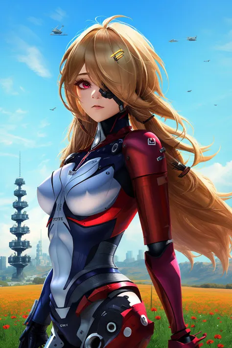 <lora:shirli_x_nemesis_lora:1.0> masterpiece, best quality, absurdres, high quality, best quality, ultra high res, 1girl, solo, nemesis, ahoge, red eyes, blonde hair, eyepatch, hair over one eye, one eye covered, long hair, cyborg, mechanical arms, mechanical legs, bodysuit, red bodysuit, multicolored bodysuit, standing, emotionless, outdoors, field, day, tower, from side,