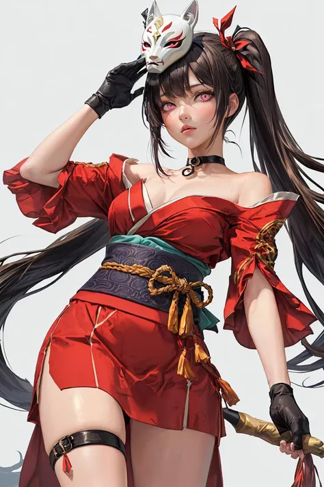 (8k), realistic anime, absurdres, 1girl, upper body, sparkle \(honkai: star rail\), (pink eyes color), twintails, hair ornament, off shoulder kimono, mask on head, detached sleeves, action pose, choker, obi, single glove, wristband, thigh strap, blush, from below, looking at viewer, (high quality:1.2), (high detail:1.2), (masterpiece:1.2), (extremely detailed:1.2) <lora:add_detail:0.6>, <lora:Sparkl:0.4>