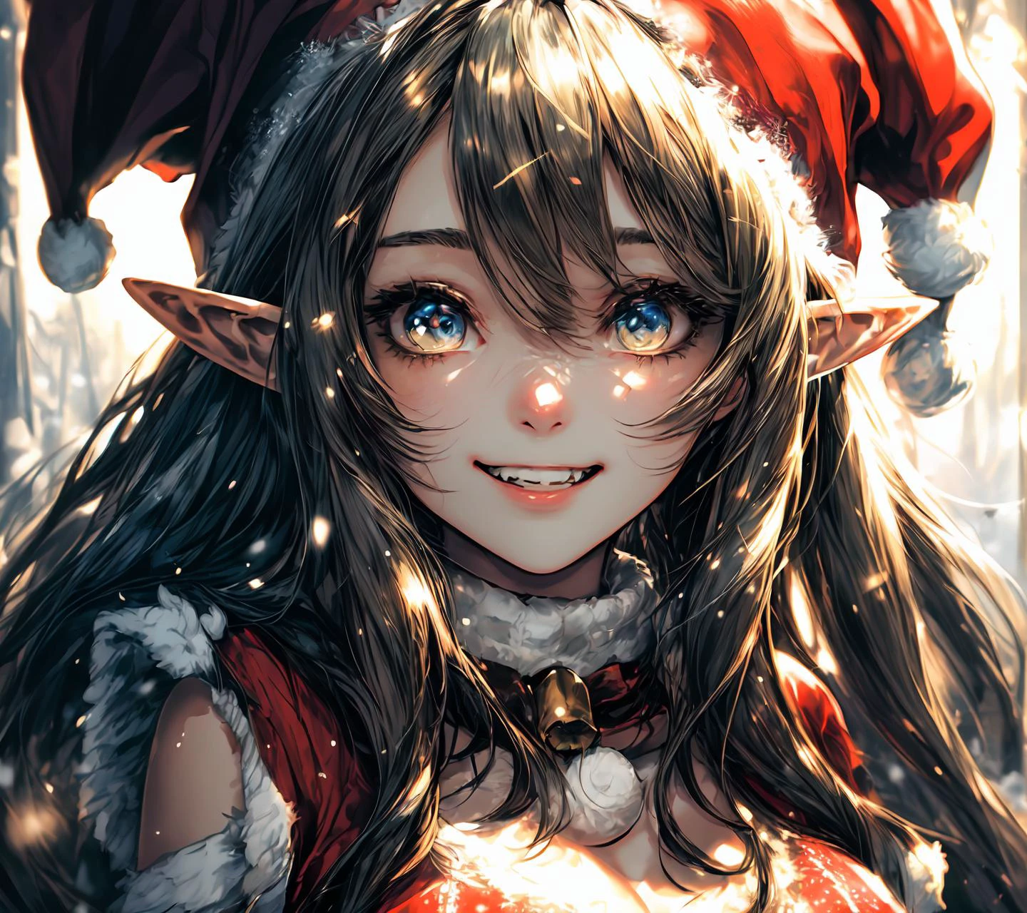 ((masterpiece)),best quality,((perfect face)),(super detailed),sharp focus,(beautiful),adult,(best quality),depth of field,rich in details and textures,shiny skin,((elf girl wearing the santa sweater)),light particles,lens flare,Fine dust reflected in light,1 beautiful woman,from below,artistic lighting,beautiful woman stands out,(fantastical and mesmerizing scenery),golden hour lighting,<lora:more_details:0.5>,<lora:å
æ³½è°èå¨_Gloss_Tweaker_å
沢調æ´å¨_v2.0:1>,
very long hair,grin:0.5,day,looking at viewer,outdoor,solo,snow,christmas,santa_hat,pine forest,