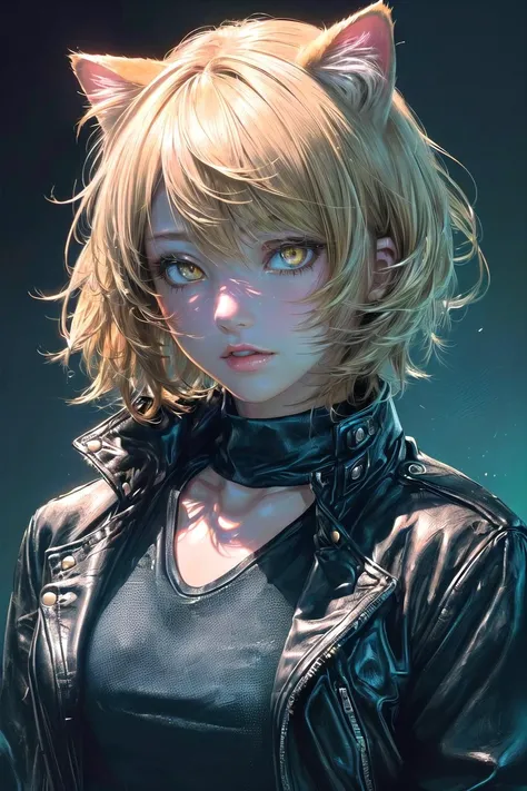 (8k), realistic anime, absurdres, 1girl, upper body, yellow eyes, cat ears, short hair, blonde hair, (light brown skin:1.2), dark blue shirt, short black leather jacket, (high quality:1.2), (high detail:1.2), (masterpiece:1.2), (extremely detailed:1.2) <lora:add_detail:0.6>