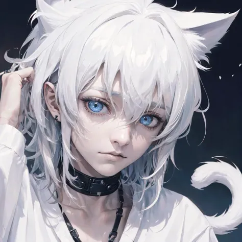 (teenage boy:1.3) with real cat ears and a cat tail, GOTH, portrait, thin, pale, weird, hikikomori, (russian:1.3), caucasian, nervous look, tired, scared, soft nice hair,  (masterpiece), best quality, BEAUTIFUL expressive eyes, high detailed, casual clothes,