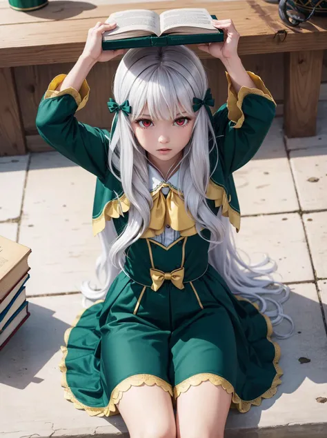 a girl outdoors with a (book over the head:1.2), arms up, from above, sitting on floor, pov  <lora:SophiaAscart:.8> SophiaAscart, long hair, hair ribbon, white hair, ascot, green dress, yellow bow, long sleeves, red eyes, (yellow capelet:1.2), angry,