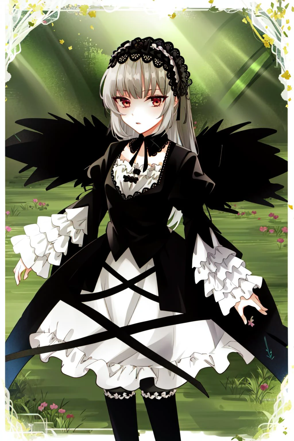 suigintou, hairband, detached collar, dress, thighhighs, wings, masterpiece, best quality, 1girl, outdoors, nature, <lyco:Teszt - Suigintou:1.0>