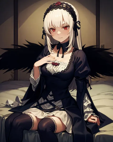 indoors, background, bedroom,
(suigintou), hairband, detached collar, dress, thighhighs, wings,
(masterpiece, best quality, detailed), <lyco:Suigintou_loha_v1.0:1.0>