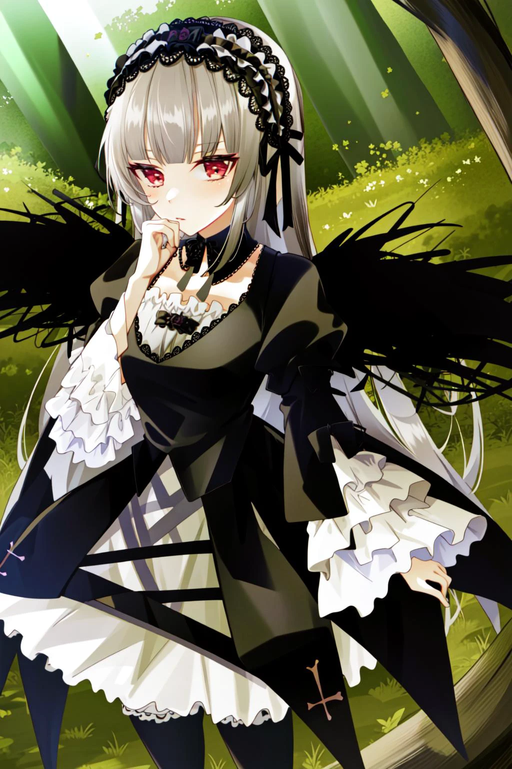 suigintou, hairband, detached collar, dress, thighhighs, wings, masterpiece, best quality, 1girl, outdoors, nature, <lyco:Teszt - Suigintou:1.0>