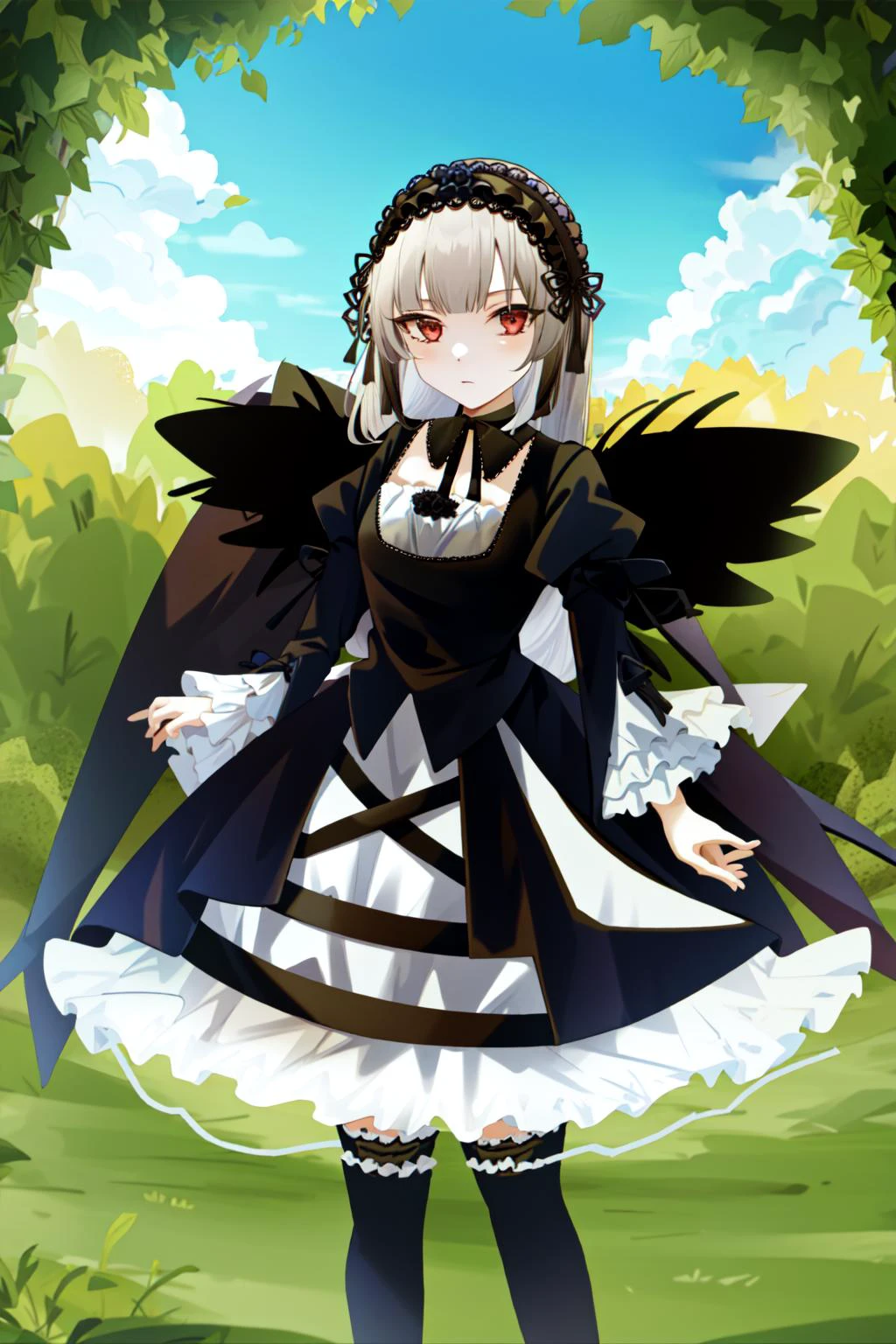 suigintou, hairband, detached collar, dress, thighhighs, wings, masterpiece, best quality, 1girl, outdoors, nature, <lyco:Teszt - Suigintou:1.0>