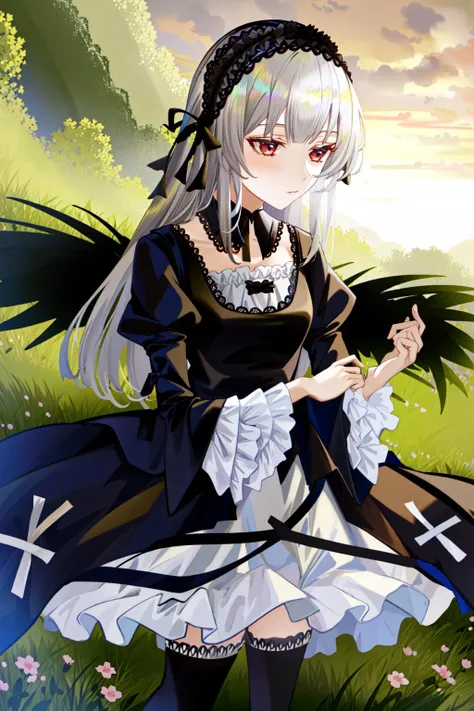 suigintou, hairband, detached collar, dress, thighhighs, wings, masterpiece, best quality, 1girl, outdoors, nature, <lyco:Teszt - Suigintou:1.0>