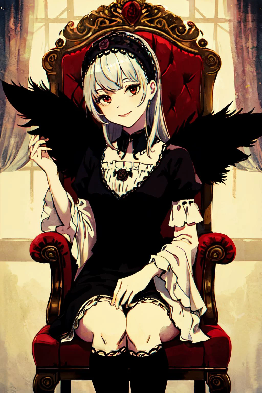 <lyco:Suigintou_loha_v1.0:0.9>suigintou, hairband, detached collar, dress, thighhighs, wings,castle, chair,
(best quality, masterpiece, RAW photo,ultra-detailed:1.2), <lyco:GoodHands-beta2:1.0>,1girl,solo,looking at viewer,smile