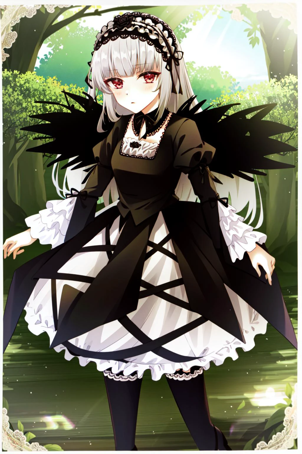 suigintou, hairband, detached collar, dress, thighhighs, wings, masterpiece, best quality, 1girl, outdoors, nature, <lyco:Teszt - Suigintou:1.0>