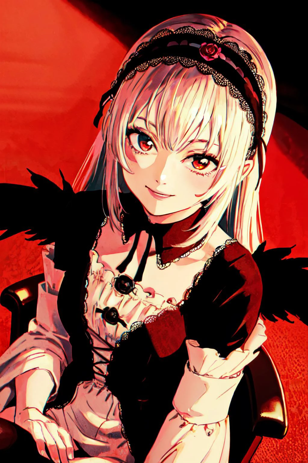 <lyco:Suigintou_loha_v1.0:0.8>suigintou, hairband, detached collar, dress, thighhighs, wings,castle, chair,
(best quality, masterpiece, RAW photo,ultra-detailed:1.2), <lyco:GoodHands-beta2:1.0>,1girl,solo,looking at viewer,smile <lyco:mbtest1:1.0> from above,