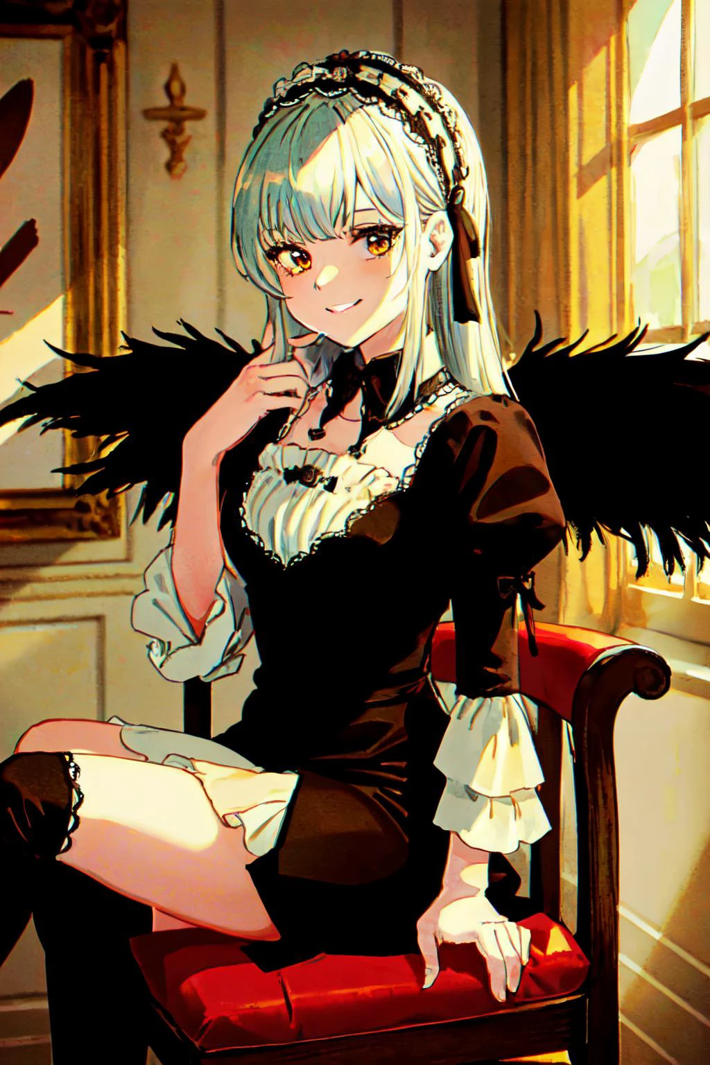 <lyco:Suigintou_loha_v1.0:0.8>suigintou, hairband, detached collar, dress, thighhighs, wings,castle, chair,
(best quality, masterpiece, RAW photo,ultra-detailed:1.2), <lyco:GoodHands-beta2:1.0>,1girl,solo,looking at viewer,smile <lyco:mbtest1:1.0>