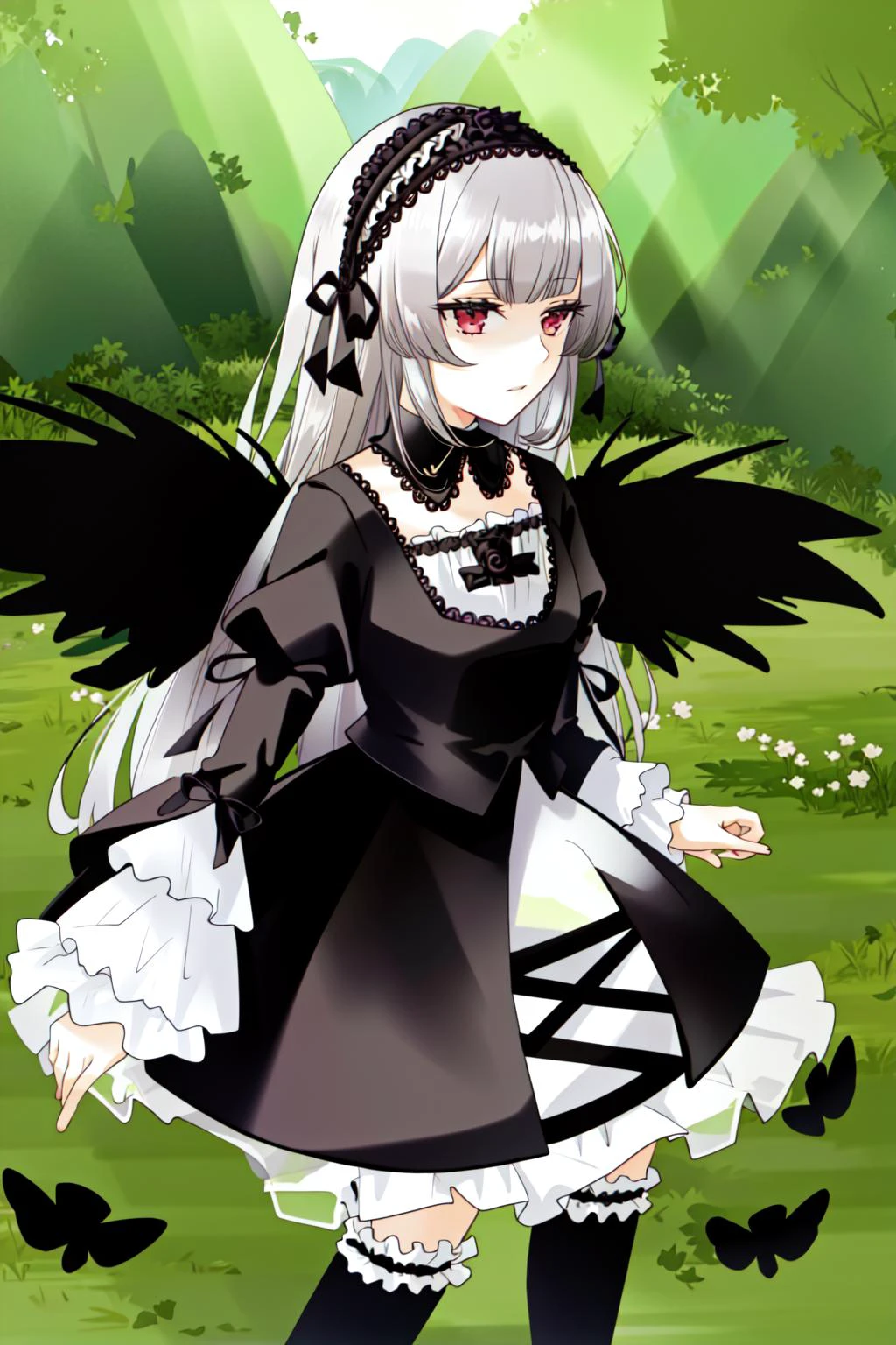 suigintou, hairband, detached collar, dress, thighhighs, wings, masterpiece, best quality, 1girl, outdoors, nature, <lyco:Teszt - Suigintou:1.0>