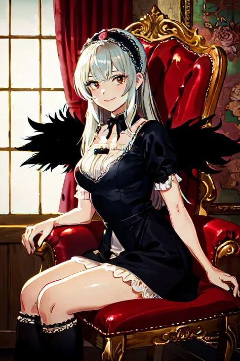 <lyco:Suigintou_loha_v1.0:0.8>suigintou, hairband, detached collar, dress, thighhighs, wings,castle, chair,
(best quality, masterpiece, RAW photo,ultra-detailed:1.2), <lyco:GoodHands-beta2:1.0>,1girl,solo,looking at viewer,smile   <lyco:mbtest1:1.0>