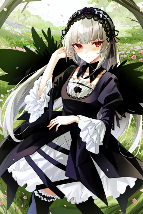 suigintou, hairband, detached collar, dress, thighhighs, wings, masterpiece, best quality, 1girl, outdoors, nature, <lyco:Teszt - Suigintou:1.0>